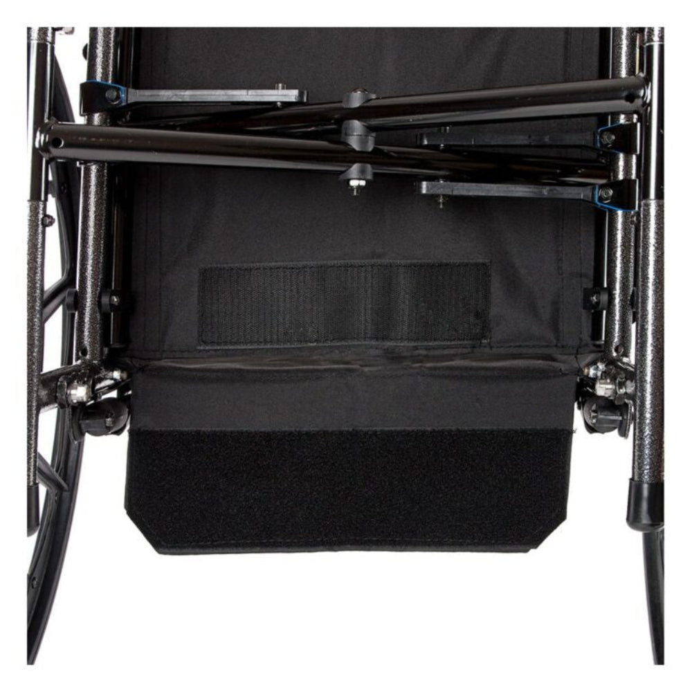 Rear view of the Drive Medical Cruiser X4 highlighting the convenient storage pocket on the backrest upholstery.