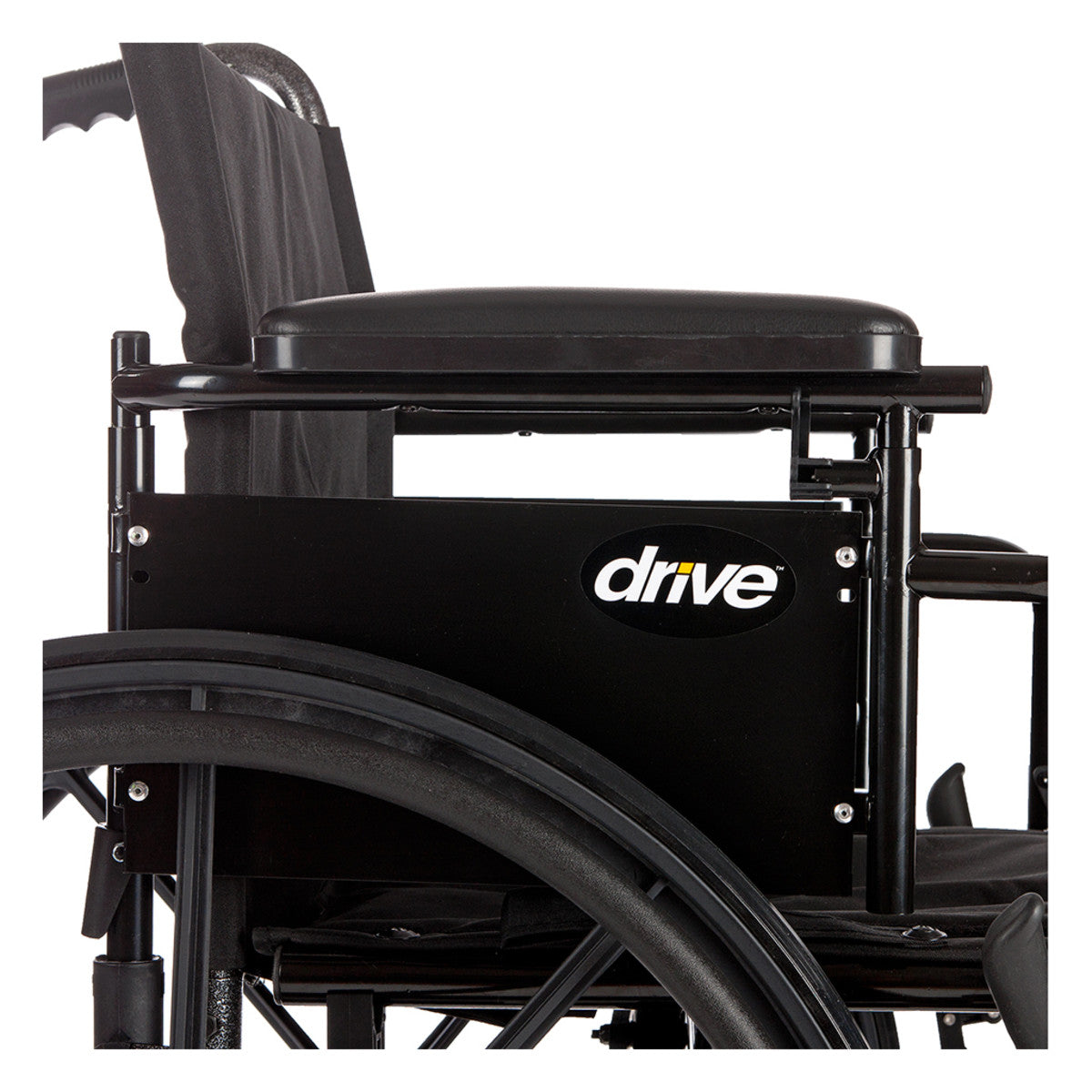 Close-up of the Cruiser X4 padded armrest and side panel with the Drive logo