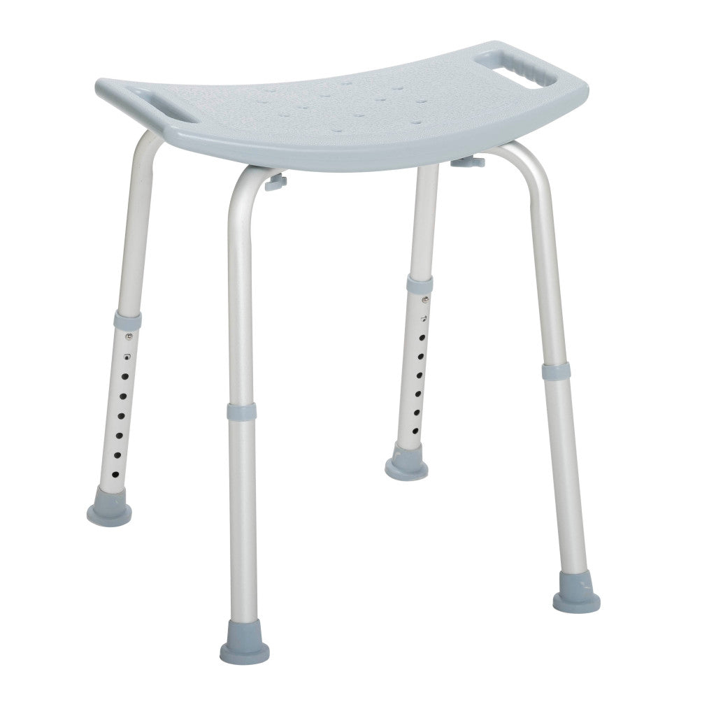 Angled view of the Drive Medical Deluxe Aluminum Shower Bench without Back featuring a comfortable grey seat and sturdy frame.