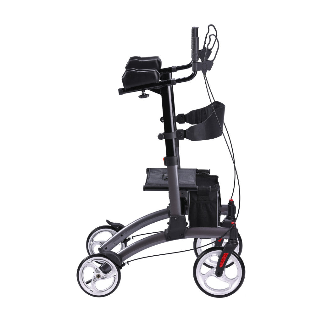 Side angle view of the Drive Medical Elevate Upright Walker in dark grey, showcasing its ergonomic armrests and sturdy tall frame.