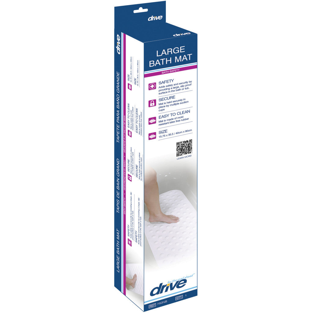 Retail packaging box for the white Drive Medical extra-long premium mold-resistant bath mat.