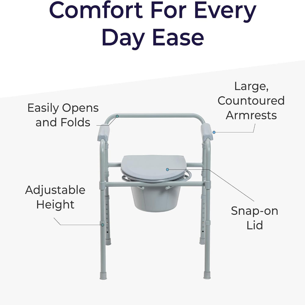 Informational graphic highlighting the everyday comfort and supportive seating features of the Drive Medical steel commode.
