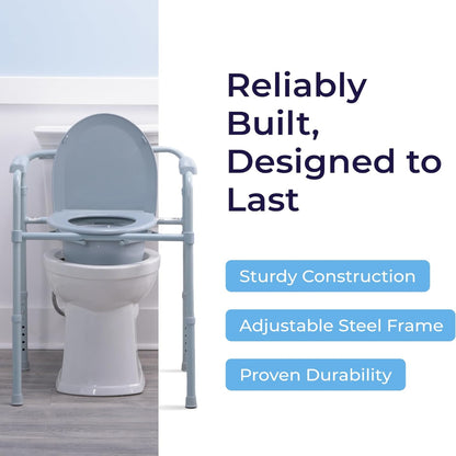 Graphic emphasizing the reliable steel construction and long-lasting durability of the Drive Medical bedside commode.