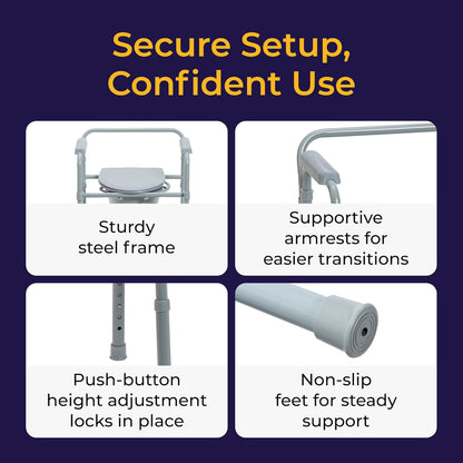 Infographic detailing the secure setup, tool-free assembly, and space-saving folding design of the Drive Medical portable commode.