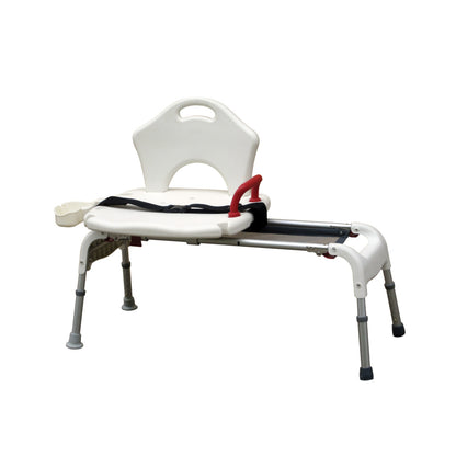 Angled view of the Drive Medical folding universal sliding transfer bench featuring a comfortable seat and secure red safety strap.