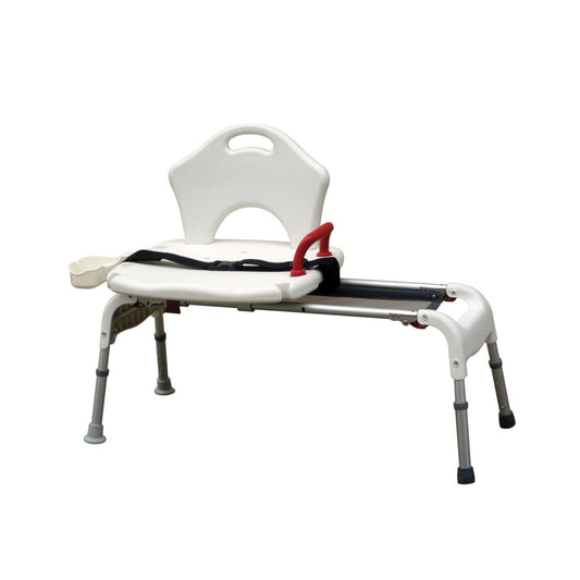 Angled view of the Drive Medical folding universal sliding transfer bench featuring a comfortable seat and secure red safety strap.
