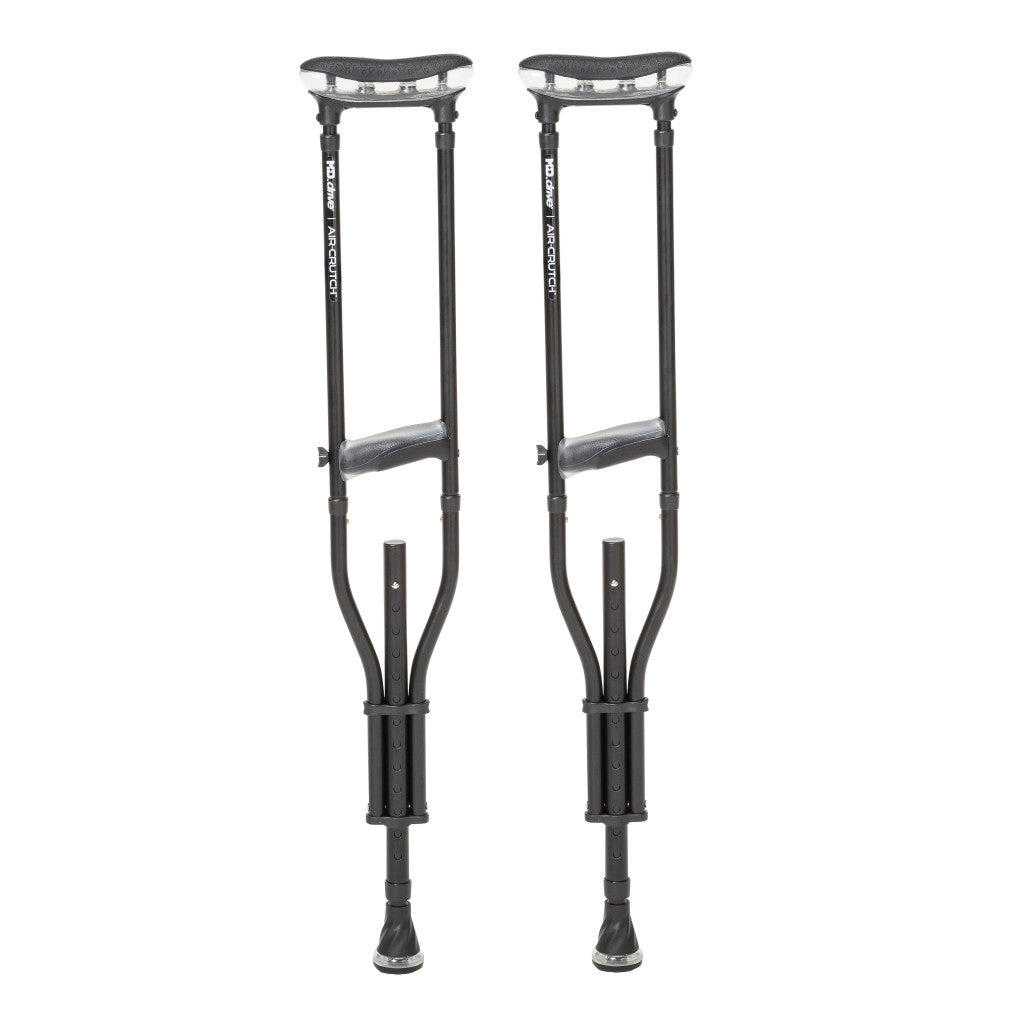 Pair of sleek black Drive Medical MD Air-Crutches featuring adjustable air-cushioned underarm supports and ergonomic grips.