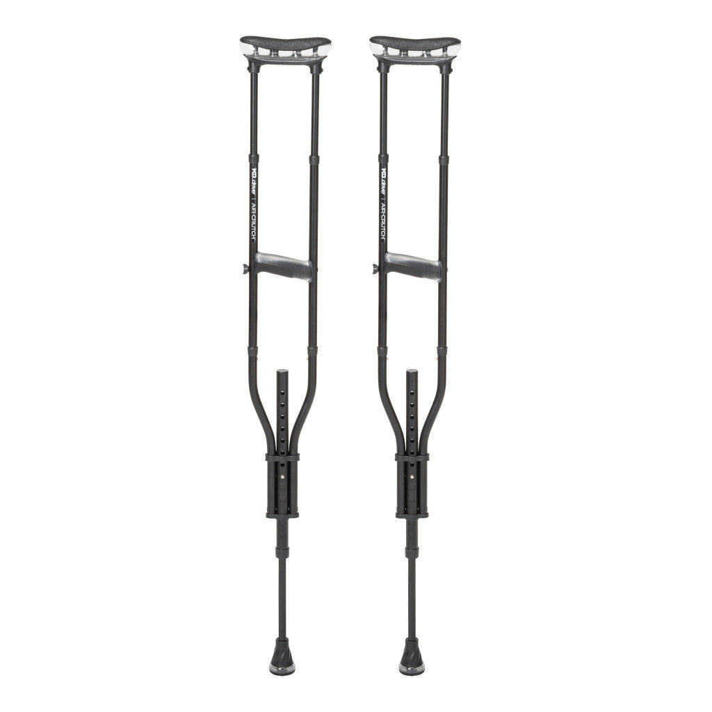 Pair of sleek black Drive Medical MD Air-Crutches featuring adjustable air-cushioned underarm supports and ergonomic grips.