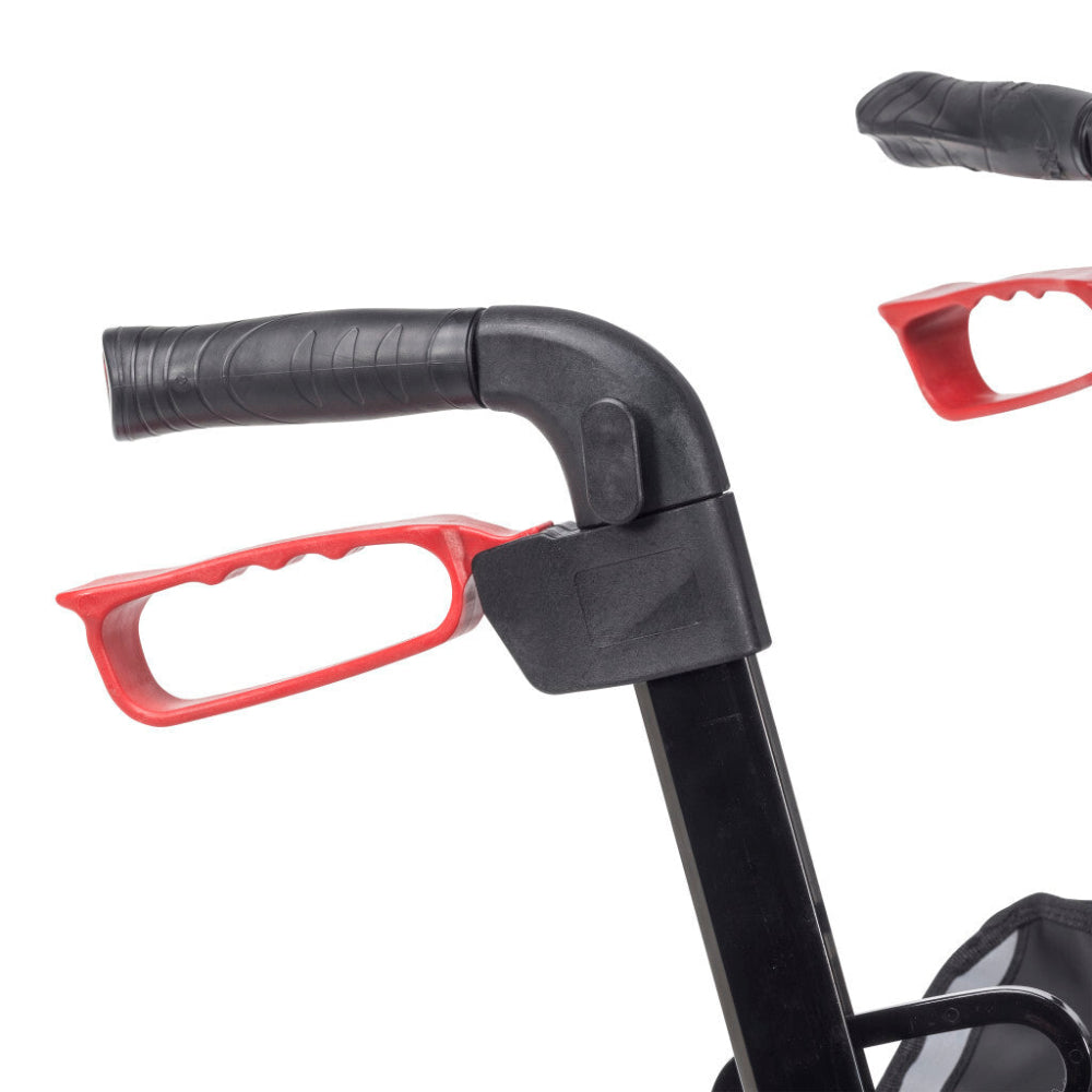Close-up of Drive Medical Nitro 3-Wheel Rollator Walker hand brake and locking system in red, adjustable safety brakes for stable mobility support in Canada | Care Made