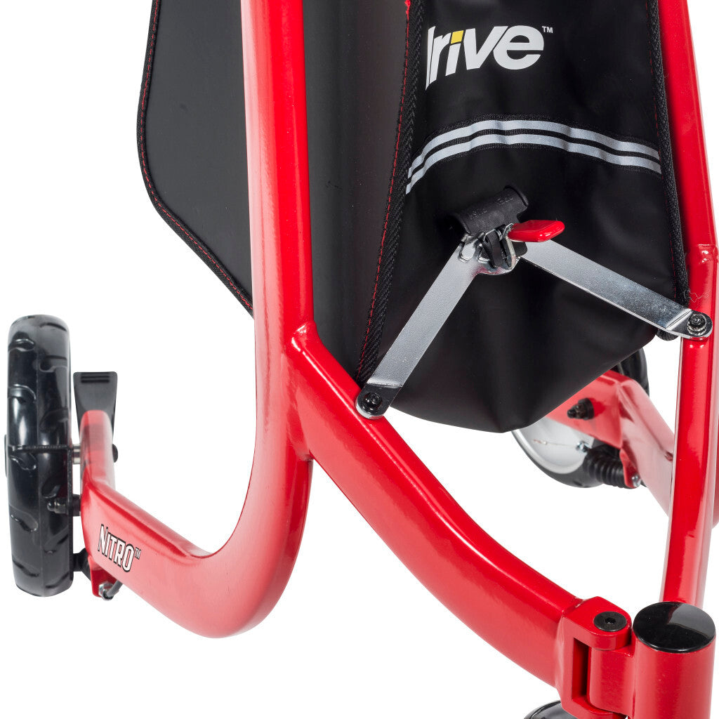 Under-seat storage bag on Drive Medical Nitro 3-Wheel Rollator Walker in red – Secure pouch for carrying personal items and essentials in Canada | CareMade
