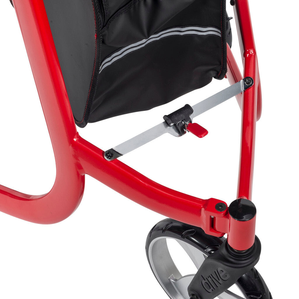 Front view of Drive Medical Nitro 3-Wheel Rollator Walker in red showing ergonomic handles and storage bag – Lightweight mobility walker Canada | CareMade
