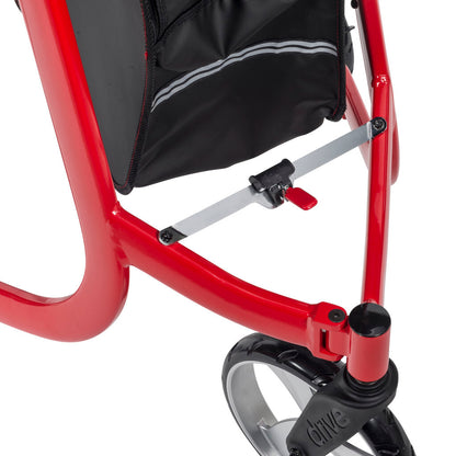 Front view of Drive Medical Nitro 3-Wheel Rollator Walker in red showing ergonomic handles and storage bag – Lightweight mobility walker Canada | CareMade
