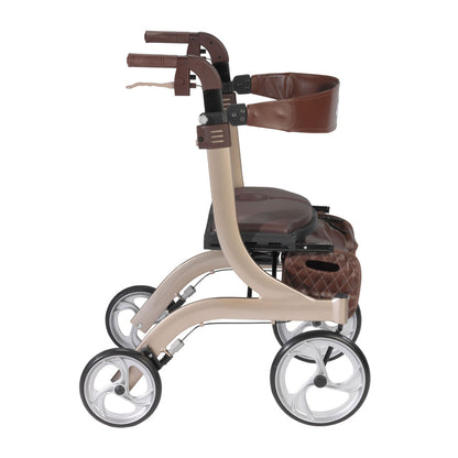 Side angle view of the Drive Medical Nitro DLX 4-wheel rollator walker in an elegant champagne finish.