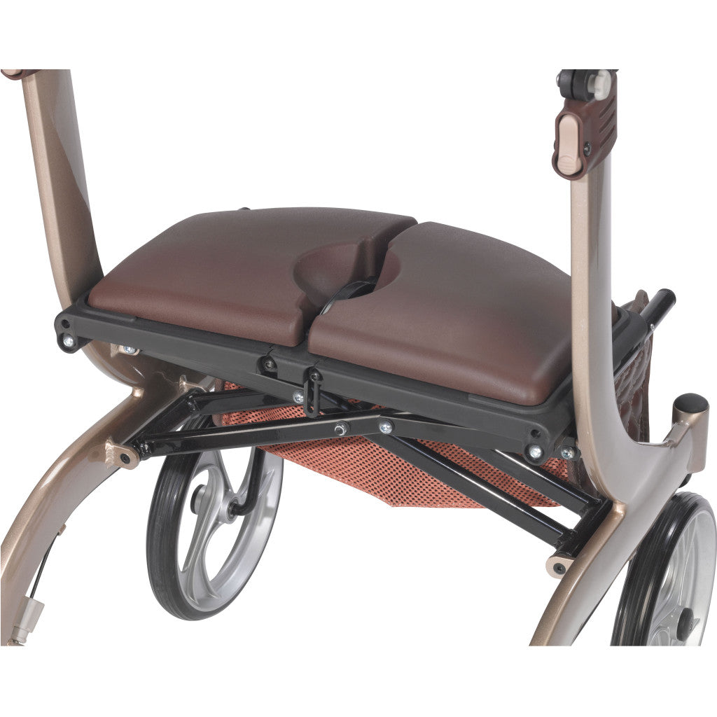 Close-up of the luxurious padded seat and adjustable backrest on the champagne Drive Medical Nitro DLX rollator.