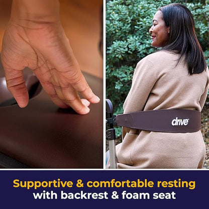 Feature graphic for the Drive Medical Nitro DLX rollator highlighting its comfort. Shows a close-up of a hand pressing into the plush foam seat and a lifestyle shot of a woman comfortably resting against the wide Drive-branded backrest strap. Text reads: "Supportive & comfortable resting with backrest & foam seat".
