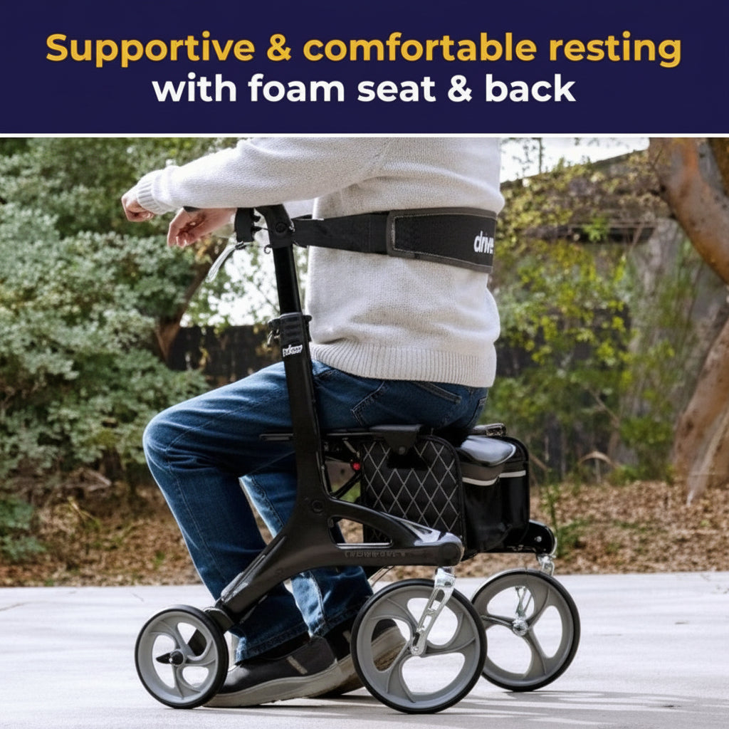 Feature graphic showing a senior man resting comfortably on the seat of the Nitro Elite CF rollator, emphasizing its sturdy support.