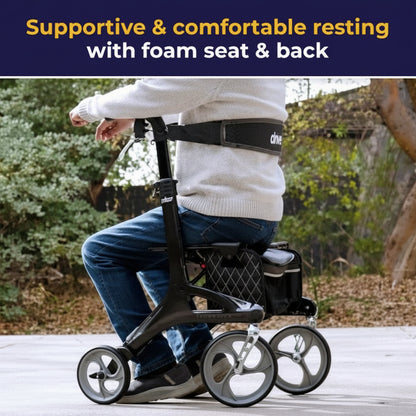 Feature graphic showing a senior man resting comfortably on the seat of the Nitro Elite CF rollator, emphasizing its sturdy support.