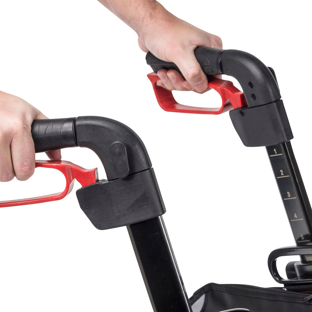 Ergonomic handle grips and hand brake system on Drive Medical Nitro 3-Wheel Rollator Walker in red – Adjustable mobility walker Canada
