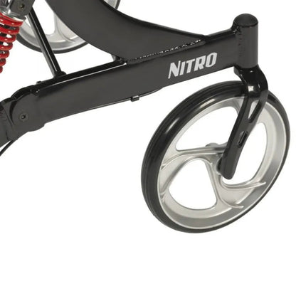 Close-up of the large, durable front caster wheel on the Drive Nitro HD bariatric rollator, built to handle various terrains.