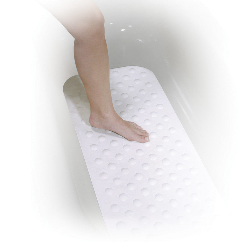 Person standing safely on the Drive Medical extra-long non-slip bath mat, demonstrating full bathtub floor coverage.