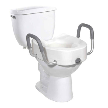 Drive Medical raised elongated toilet seat with armrests installed on a toilet