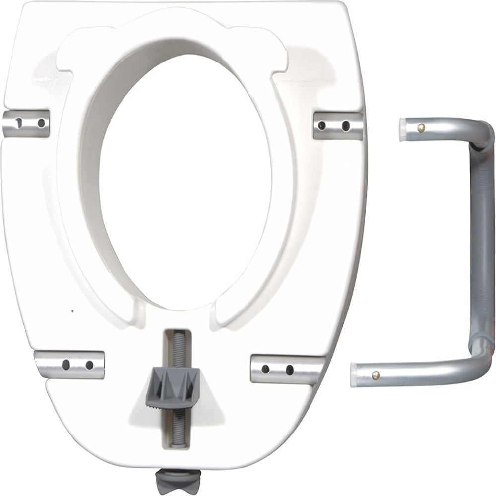 Technical diagram showing the top-down dimensions, opening size, and elongated shape of the Drive Medical premium raised toilet seat.