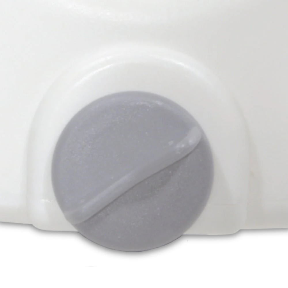 Close-up of the secure front locking knob that easily attaches and stabilizes the Drive Medical raised seat to the toilet bowl.