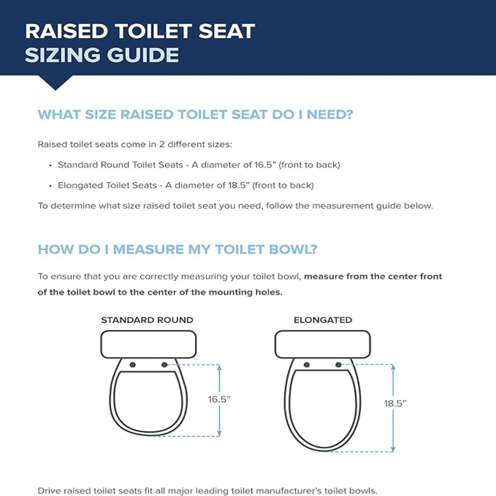 Informational graphic detailing the specifications, toilet fit guide, and secure locking features of the Drive Medical raised toilet seat.