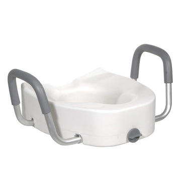 Angled front view of the standalone Drive Medical raised elongated toilet seat highlighting its comfortable padded armrests and locking mechanism.