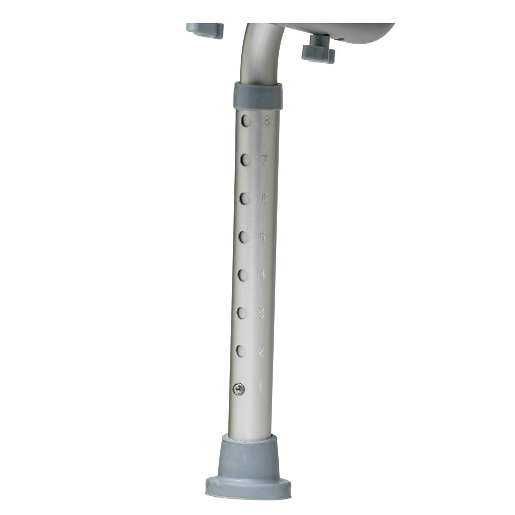 Close-up of the height-adjustable aluminum legs and slip-resistant rubber tips on the Drive Medical shower bench.