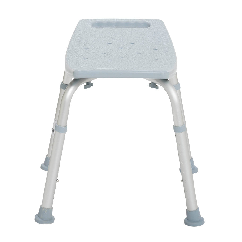 Straight front view of the backless Drive Medical aluminum shower bench designed for secure and reliable bathroom safety.