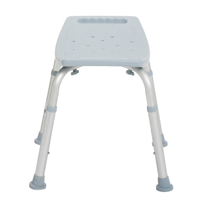 Straight front view of the backless Drive Medical aluminum shower bench designed for secure and reliable bathroom safety.