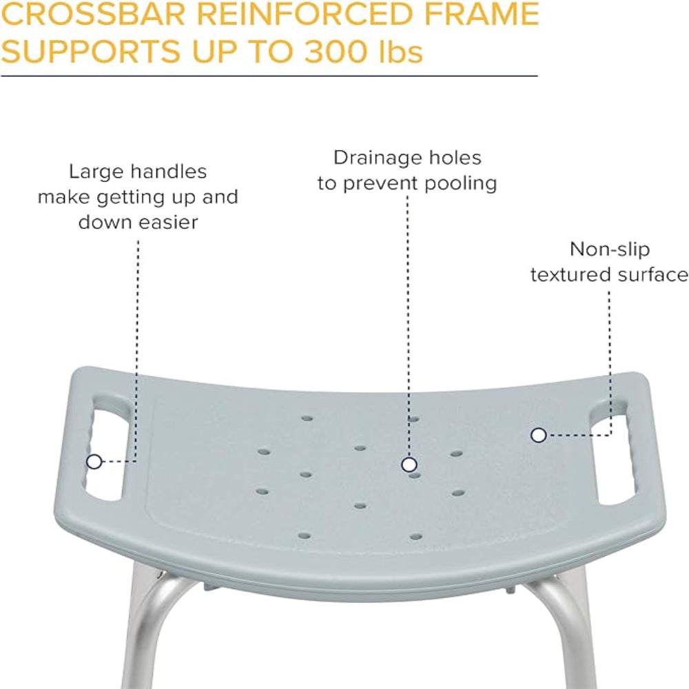 Close-up of the grey shower bench seat surface showing the textured finish and strategically placed drainage holes to prevent water pooling.