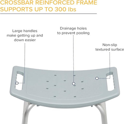 Close-up of the grey shower bench seat surface showing the textured finish and strategically placed drainage holes to prevent water pooling.