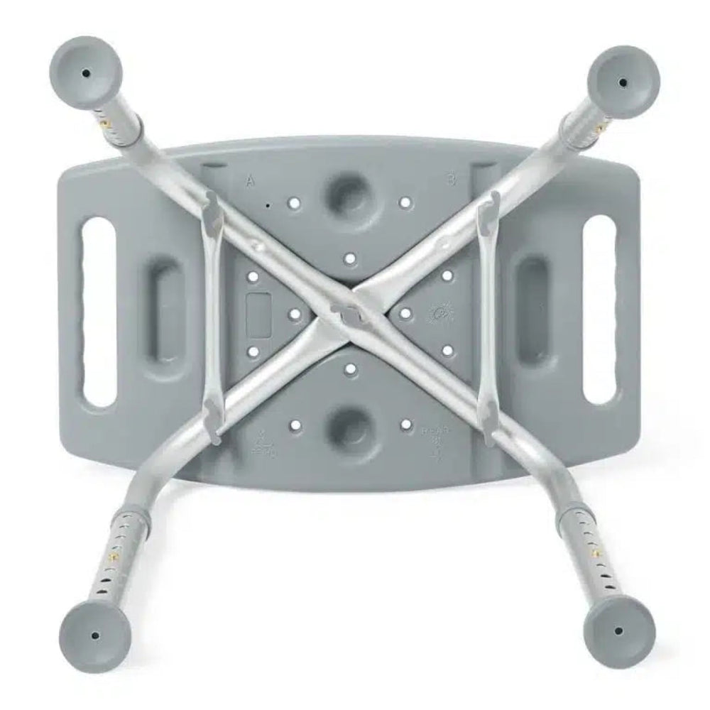 Underside view of the Drive Medical shower bench seat highlighting the durable structural support system for added stability.