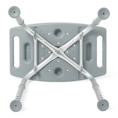 Underside view of the Drive Medical shower bench seat highlighting the durable structural support system for added stability.