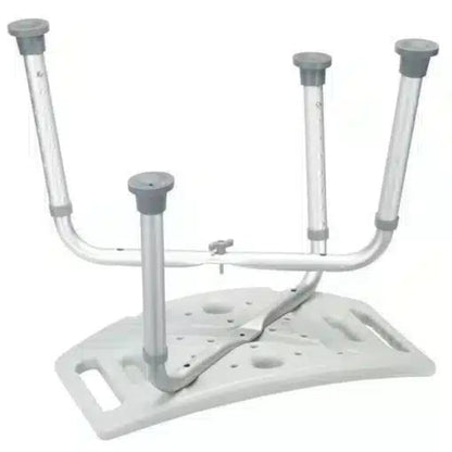 Angled underside view demonstrating the secure, tool-free leg attachments of the Drive Medical aluminum shower stool.