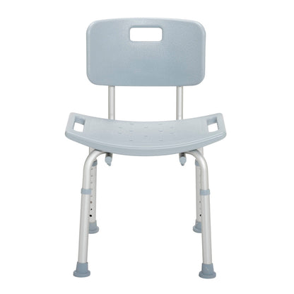 Straight front view of the Drive Medical shower chair highlighting the wide seating surface and drainage holes.