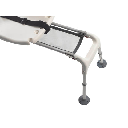 Close-up of the durable sliding aluminum track frame on the Drive Medical universal bath transfer bench.