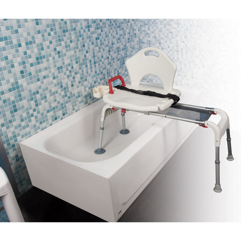 The Drive Medical folding sliding transfer bench securely positioned in a standard bathtub to provide safe entry.