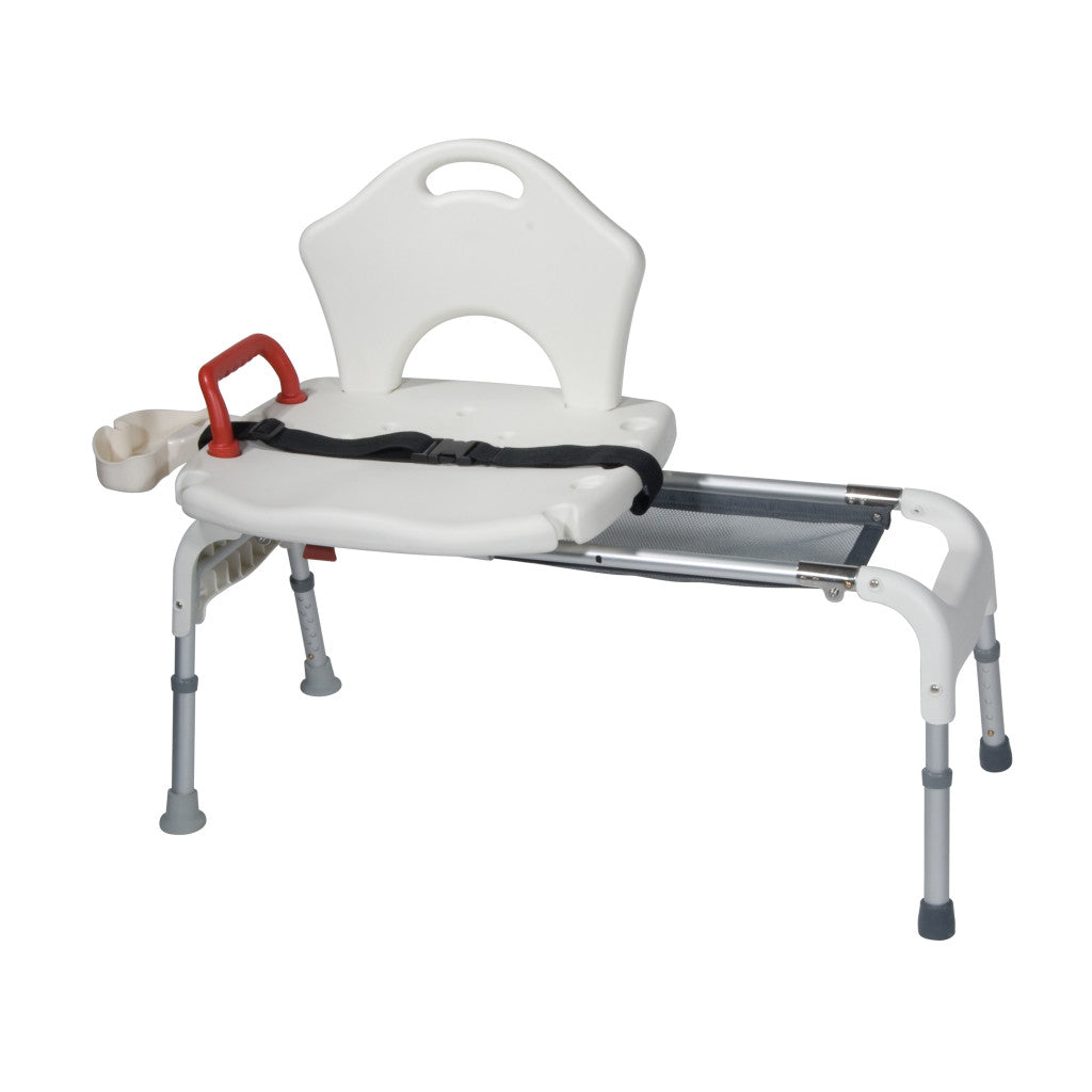Straight front view of the Drive Medical sliding tub transfer bench designed for safe and easy bathroom mobility.