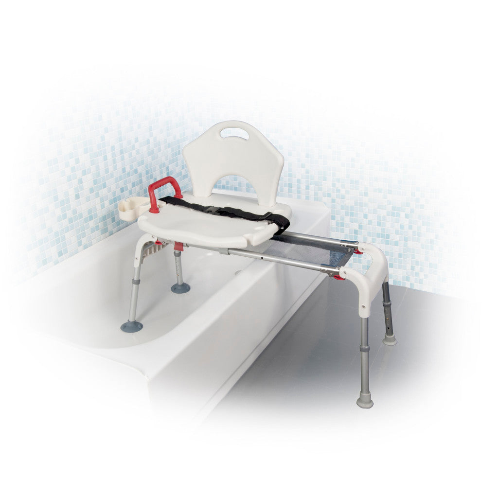 Demonstration of the smooth gliding seat action on the Drive Medical sliding transfer tub bench inside a bathroom setting.