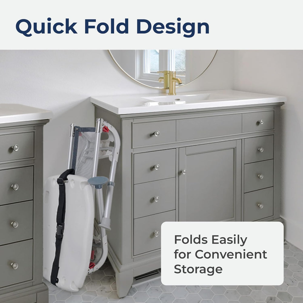 Infographic showcasing the quick fold design of the Drive Medical transfer bench, showing it stored neatly next to a bathroom vanity.