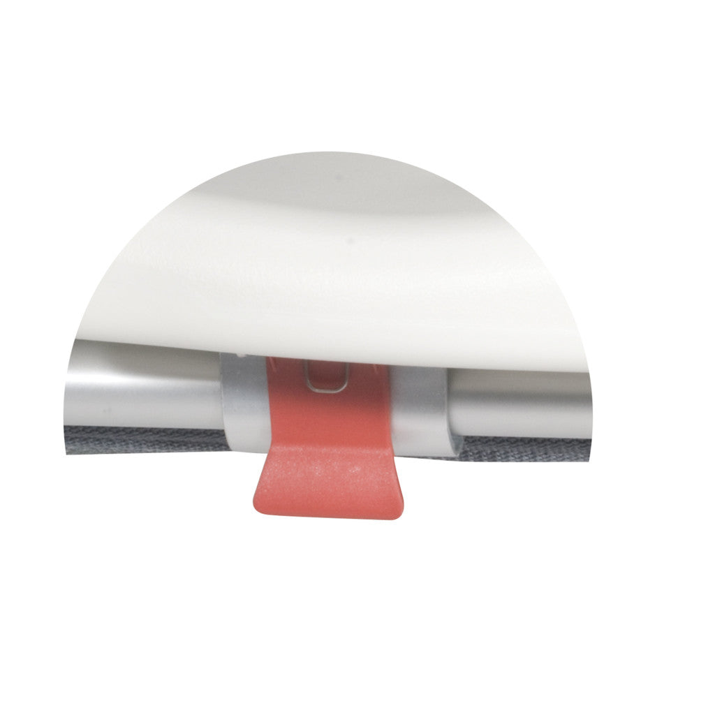 Close-up of the adjustable red safety strap on the seat of the Drive Medical folding sliding transfer bench.
