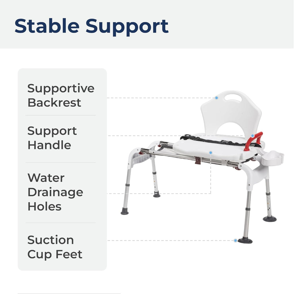 Infographic highlighting the stable support, adjustable height legs, and overall dimensions of the Drive Medical sliding transfer bench.