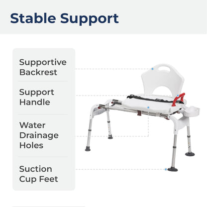 Infographic highlighting the stable support, adjustable height legs, and overall dimensions of the Drive Medical sliding transfer bench.