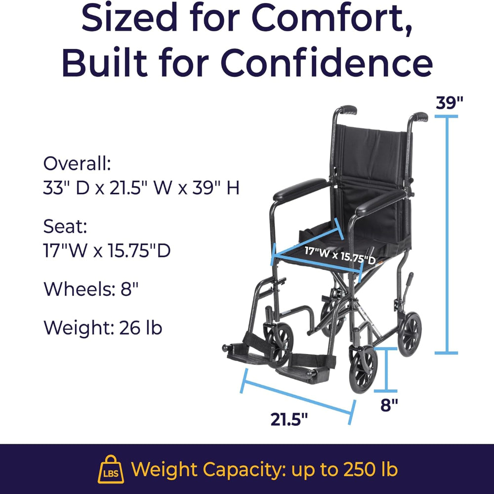 Infographic detailing the optimized sizing and comfort-focused features of the Drive Medical steel transport chair.