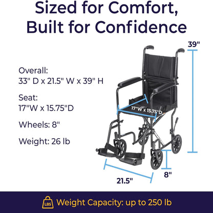Infographic detailing the optimized sizing and comfort-focused features of the Drive Medical steel transport chair.