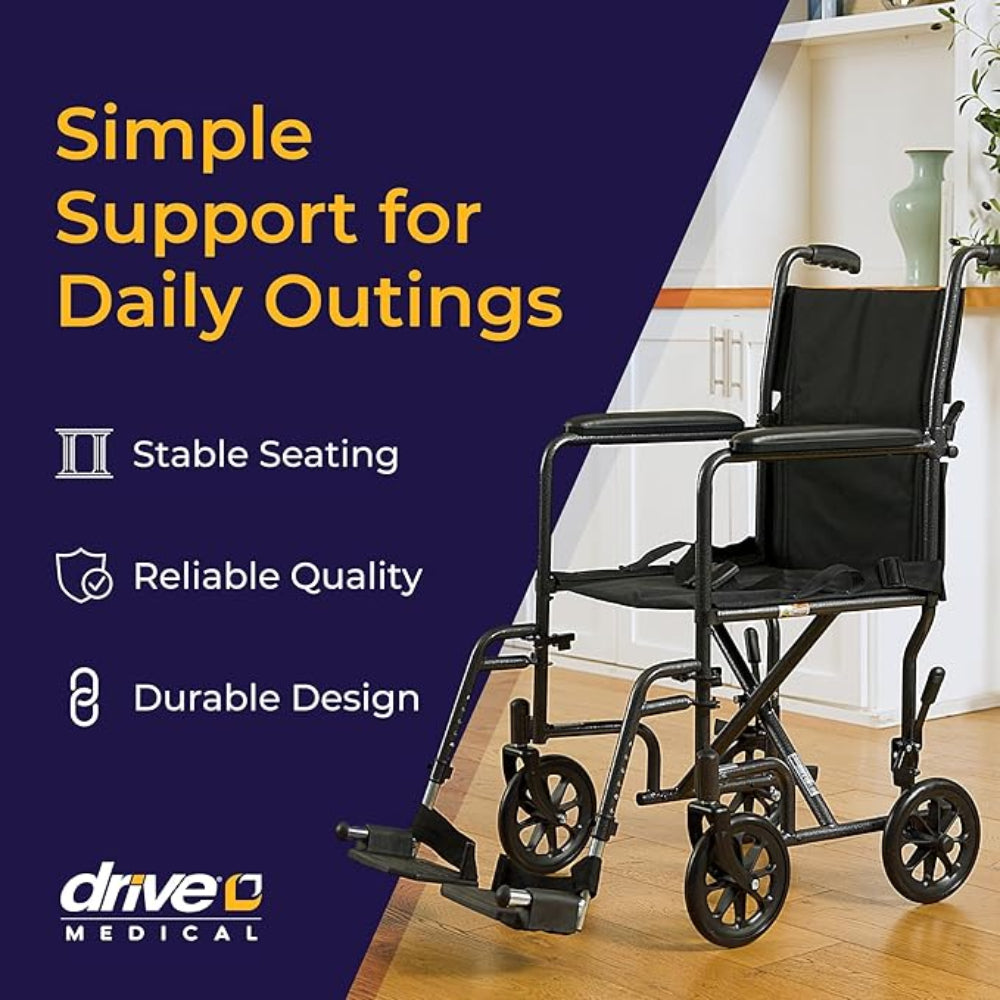 Infographic demonstrating how the Drive Medical steel transport chair provides simple, dependable support for daily outings and appointments.