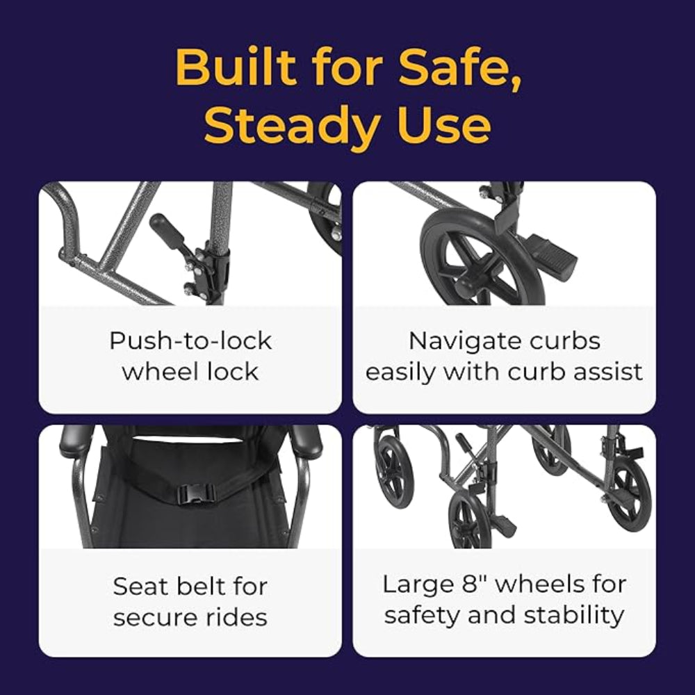 Infographic showcasing the essential safety features and steady, reliable build of the Drive Medical steel transport chair.